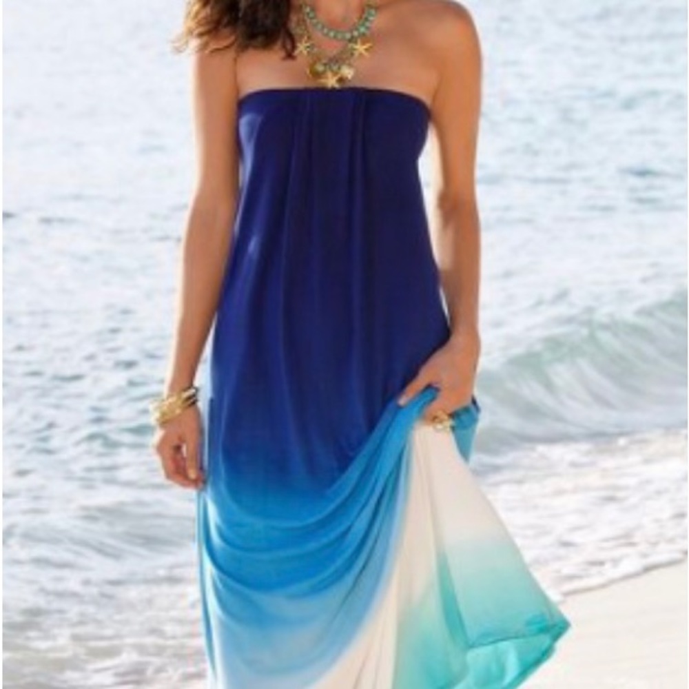 Boston Proper “Take a Dip” Off the Shoulder Maxi Dress. Blue multi. Size XS (4)